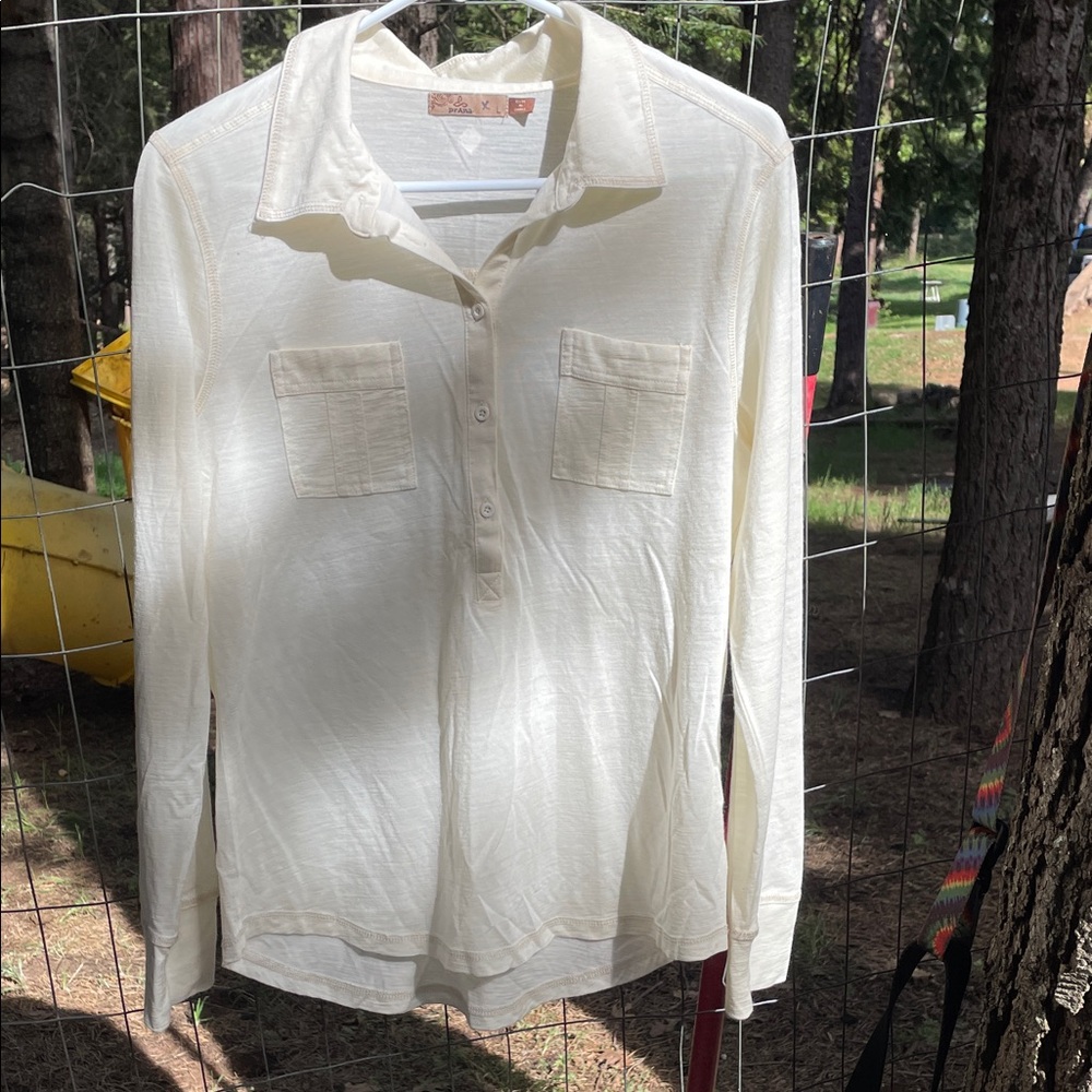 Prana Cream Long-Sleeve Button Polo